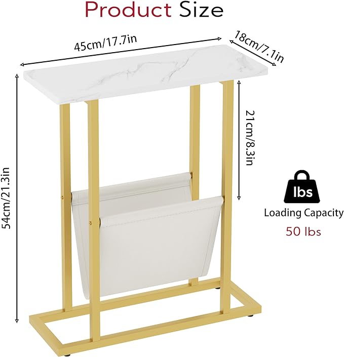 Yusong Small Narrow Side Table for Small Spaces, 17.7" W Slim End Table Magazine Table Nighstand with Storage Holder, Accent Skinny Snack Couch Bedside Table, Gold White, Complete Iron Pipes