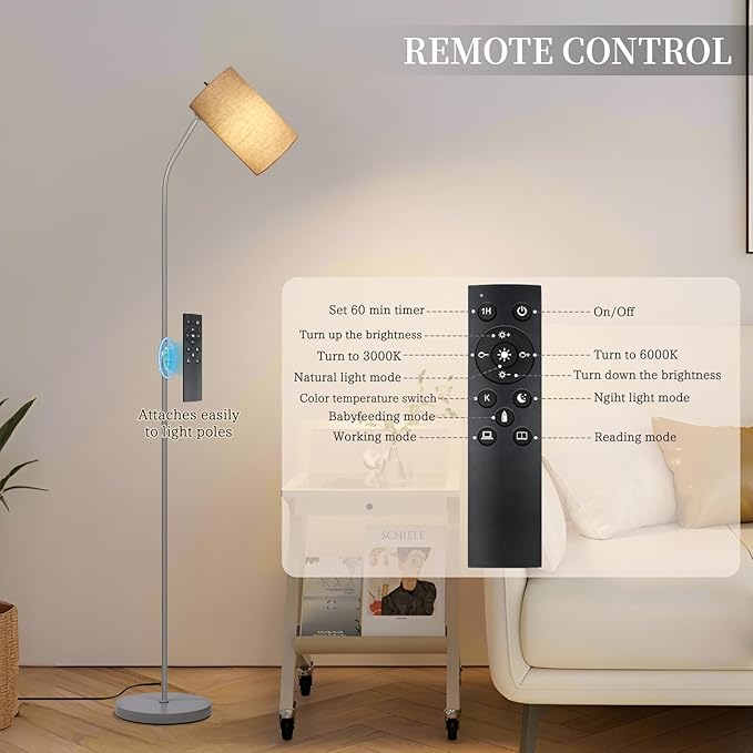 Standing Lamp for Living Room with Remote Control Light Bulb Adjustable Modern Reading Light,Floor Lamps for Bedroom,Office,Farmhouse, LED Bulb Included (Beige/Silver)