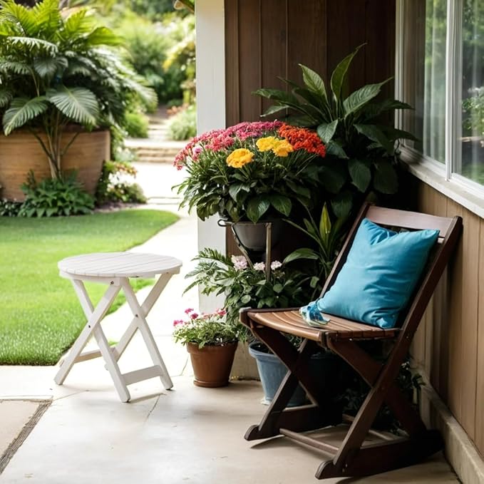 Outdoor Small Round Folding Side Table, Foldable Wooden End Tables for Indoor, Porch, Patio, Camping as Coffee Table or Plant Stand, White ﻿