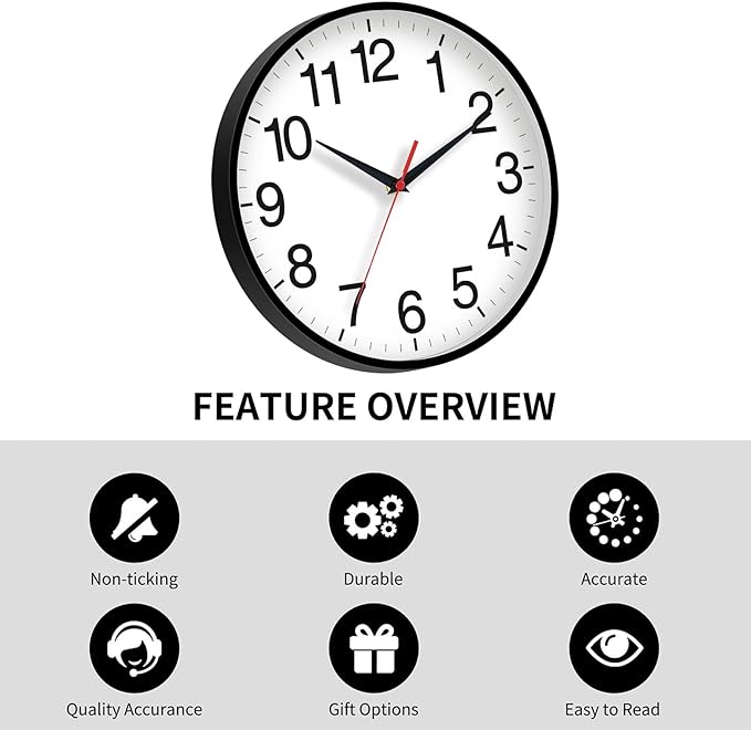 16 Inch Wall Clock Modern Battery Operated Silent Non Ticking Large Analog Clock for Living Room Office Home Bedroom Kitchen Bathroom(Black)