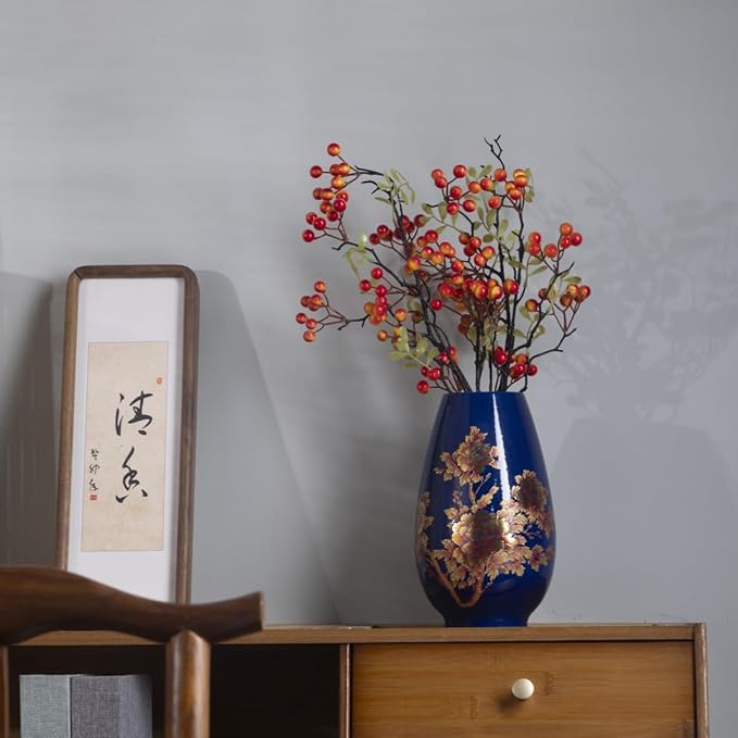 9 Inch Glossy Vintage Ceramic Vase with Floral Design, Flower Vases for Dining Table & Wedding Centerpiece, Handcrafted Home Decor, Boho Decoration for Living Room, Office, Entryway,Pampas Grass(Blue)