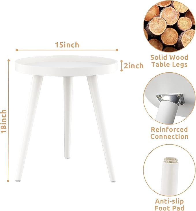 Apicizon Round White Side Table, Tray Nightstand Coffee End Table for Living Room, Bedroom, Small Spaces, Easy Assembly Bedside Table, 15 x 18 Inches
