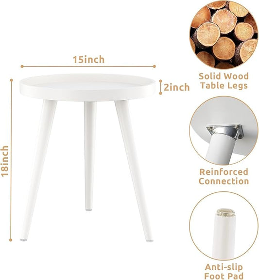 Apicizon Round White Side Table, Tray Nightstand Coffee End Table for Living Room, Bedroom, Small Spaces, Easy Assembly Bedside Table, 15 x 18 Inches