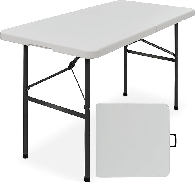 Best Choice Products 4ft Plastic Folding Table, Indoor Outdoor Heavy Duty Portable w/Handle, Lock for Picnic, Party, Camping - Light Gray