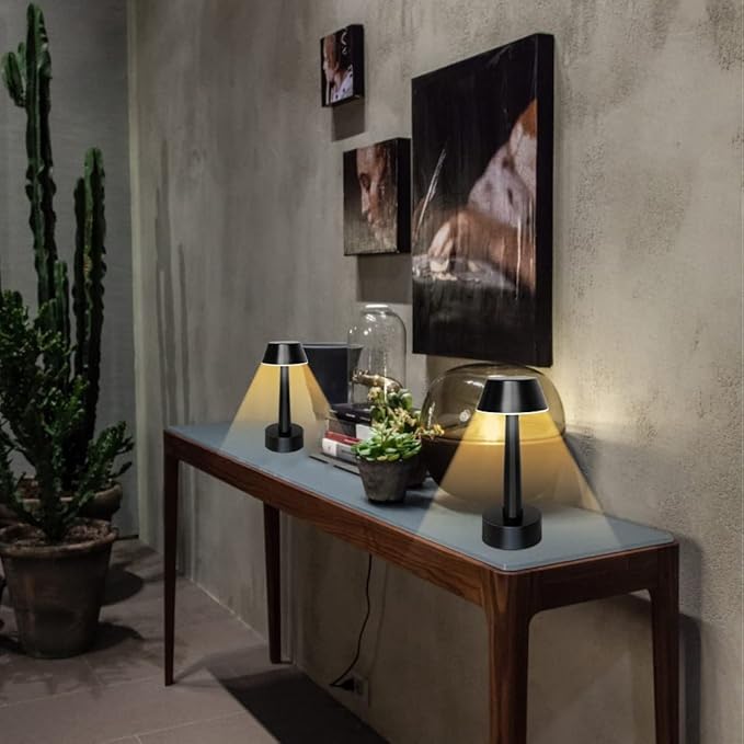 UMEXUS 2 Pack Rechargeable Small Cordless Table Lamp, LED Battery Operated Touch 3 Color Dimming Bedside Nightstand Desk Lamps Metal Portable Night Lights for Bedroom Bar Restaurant Outdoor Black