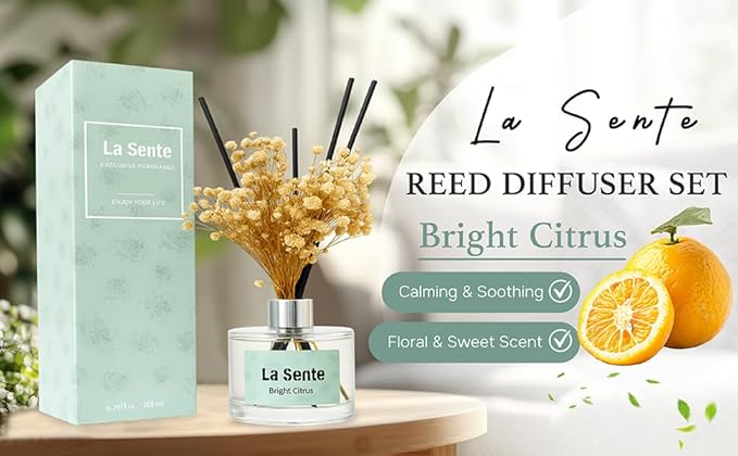 Reed Diffuser Set, Glass Bottle with Black Rattan Sticks, Dried White Flowers, 6.7fl oz, 200ml (Bright Citrus)