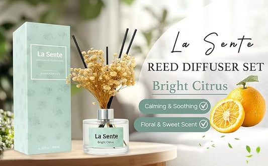 Reed Diffuser Set, Glass Bottle with Black Rattan Sticks, Dried White Flowers, 6.7fl oz, 200ml (Bright Citrus)
