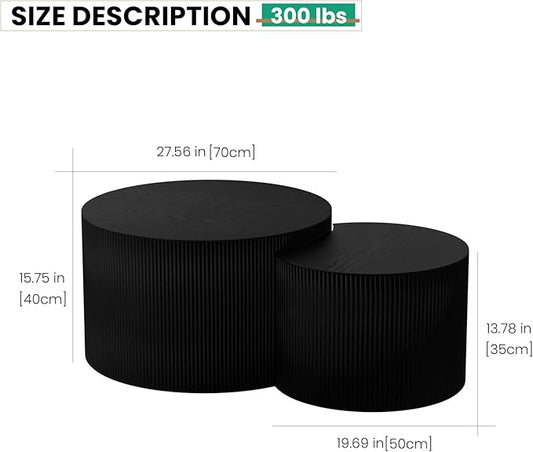 Round Nesting Coffee Table Set of 2 Handcraft Circle Fluted Nesting Coffee Tables Circular Side Table Drum Accent End Tables for Living Room Bedroom (Black Large)