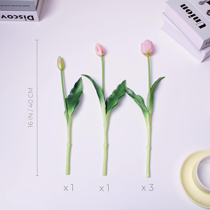 16-inch Premium Real Touch Fake Tulips, Artificial Flowers with Buds, Flexible Stem Easy to Shape, Faux Tulips (Vase not Included), 5-Pack Set of Piggy Pink