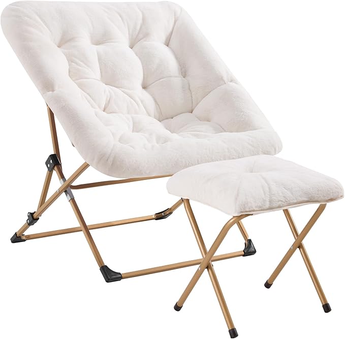 OAKHAM Comfy Chair for Adults, Soft Faux Fur Folding Lounge for Bedroom Living Room Dorm Rooms Flexible Reading Chair for Teens Kids, X-Large Foldable (Ottoman-White)