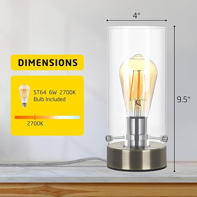 Bedside Nightstand Lampfor Bedroom Living Room, Modern Table Lamp Desk Lamp with Glass Lamp Shape, 2700K 6W Glass Bulb Included(Bronze).