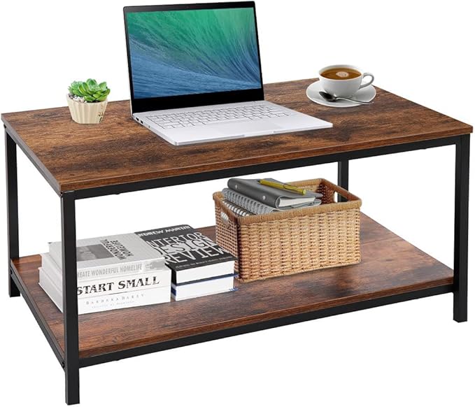 ZenStyle Industrial Coffee Table with Storage Shelf for Living Room, Wood Look Accent Furniture with Vintage Wooden Board Stable Metal Frame Cocktail Table 2-Tier Tea Table, Rustic Brown