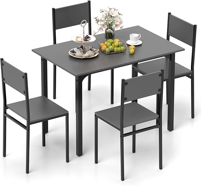 GOFLAME 5-Piece Dining Table Set, Industrial Kitchen Table and Chairs for 4 with Backrest and Metal Frame, Rectangular Space-Saving Dinette Set for Dining Room, Apartment, Small Space, Grey