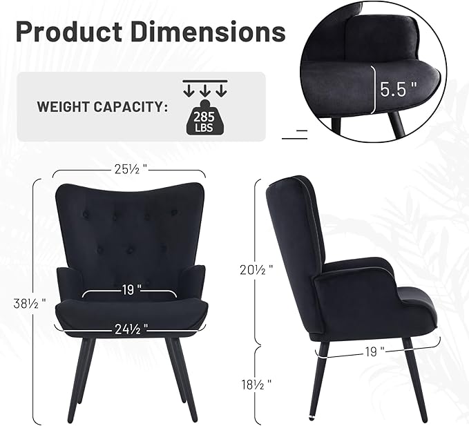 Furniliving Velvet Accent Chair for Living Room, Upholstered Reading Chair with High Backrest, Tufted-Button Wingback Armchair for Bedroom, Dressing Room, Home Office, Black, Set of 2
