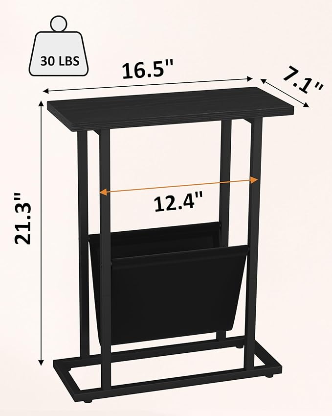 Yusong Narrow Side Table for Small Spaces, Small End Table with Magazine Holder, Skinny Slim Little Thin Table for Living Room, Bedroom, Sofa, Black Oak