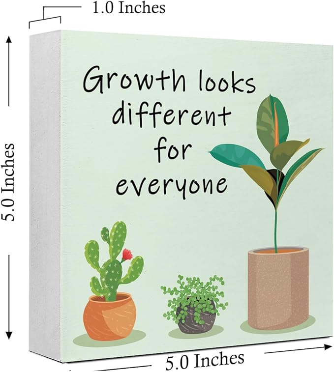 LVQHI Inspirational Wood Block Sign,Growth Looks Different for Everyone Plant Motivational Wooden Block Sign for Home Bedroom Office Desk Table Decor,Inspirational Cheer Up Gift for Coworker Green-2