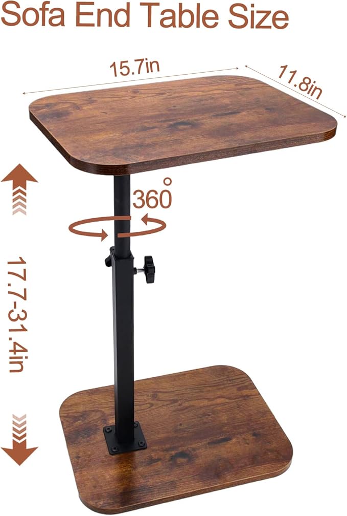 C Shaped End Table for Couch, 360° Swivel Height Adjustable TV Tray for Livingroom,Bedroom,Study and Small Spaces(Vintage Brown)