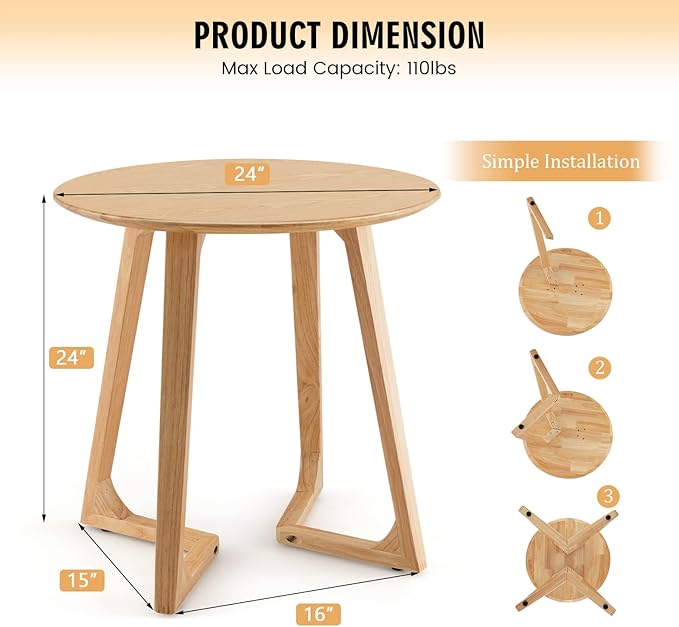 Giantex 24" Round End Table, Mid Century Modern Side Table with Adjustable Foot Pads, Sofa Couch Accent Table, Small Coffee Table for Small Space Living Room, Nightstand for Bedroom (Natural)