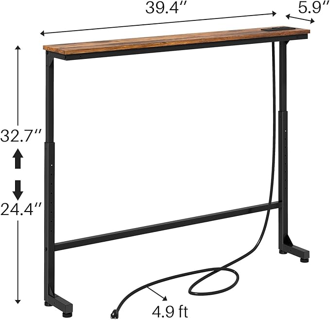 Kitstorack Narrow Console Table Behind Sofa Couch, Design with Adjustable Height (25"-33") & Power Outlets, Small Entryway Table - 5.9" D x39.4 L, Rustic Brown