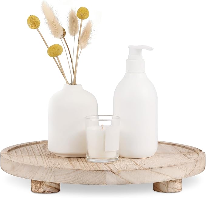 12'' Round Wooden Tray Pedestal Stand, Farmhouse Bathroom Decor Riser for Soap Dispenser, Perfume, Candle, 12'', Light Brown