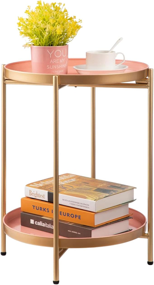 HollyHOME 2-Tier Round Gold Side Table, Outdoor Small Folding Accent Stand with Removable Tray, Anti-Rust Metal Asional Table for Balcony Patio Living Room, Nightstand for Bedroom(Gold&Pink)
