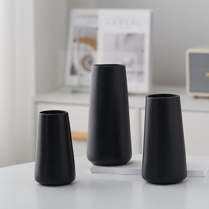 10" Black Vase - Tall Black Ceramic vase for Flower, Simple Matte Black Vases for Pampas Grass, Minimalist Farmhouse Boho vases for Centerpieces, Home Decor, Bathroom Decor