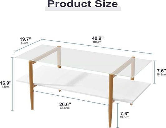 Glass Coffee Table, Rectangle Living Room Center Table with Golden Legs, Mid-Century Modern Accent Tables with Open Shelf for Living Room, Office, White