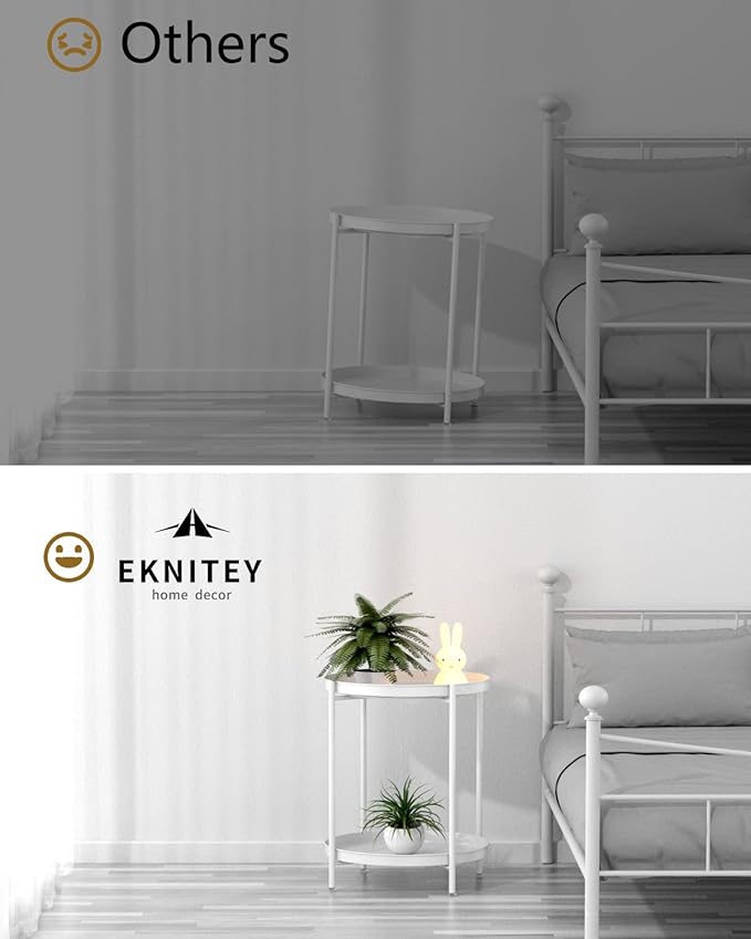 EKNITEY 2 Tier End Table - Metal Side Table Waterproof Small Sofa Coffee Side Tables Bedroom Indoor Outdoor with Removable Tray for Living Room Bedroom Balcony and Office (White)