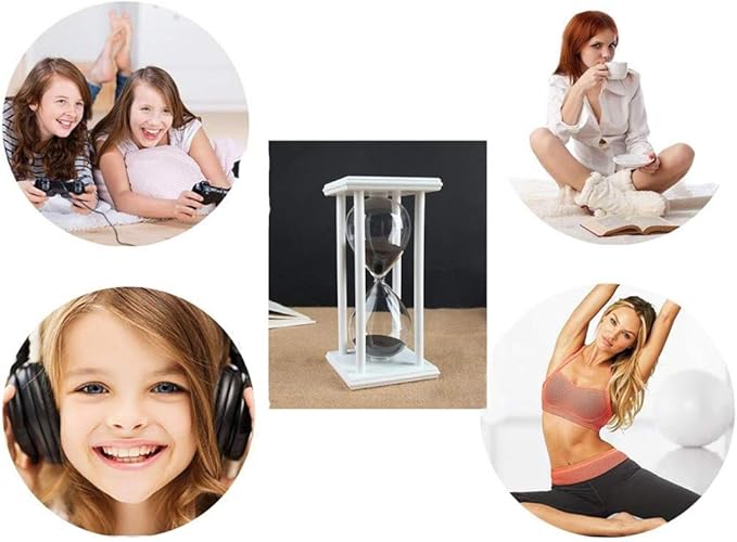 Lodunsyr Hourglass Timer for 60 Minutes Sandglass Timer for Kitchen Living Room Home Office Desk Bedroom Party Festival Coffee Table Book Shelf School Game Sand Timer Clock (White Frame Black Sand)
