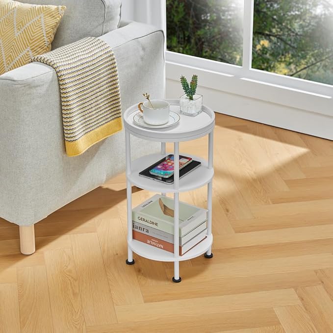 Small White Side Table, Round End Table with Wood Grain Texture, 3-Tier Farmhouse Nightstand for Bedroom & Living Room, 21.7" H Cute Accent Table for Nursery, Bathroom, Small Spaces (Classic, White)