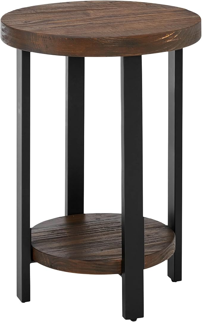 Pomona 20 in. Round End Table with 2 Shelves, Solid Wood Top, Metal Legs, Rustic Natural Brown Finish - Living Room Furniture