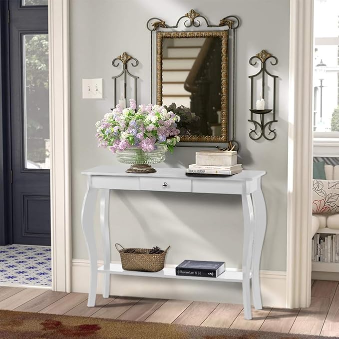 ChooChoo Narrow Console Table with Drawer, Chic Accent Sofa Table, Entryway Table, 39.3 Inch, White