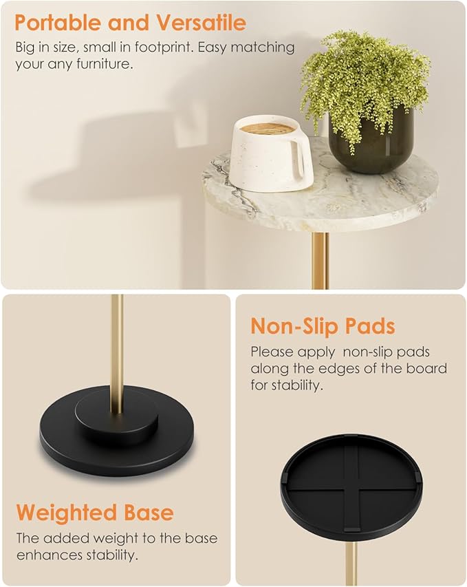 Round Side Table, Small Drink Table for Small Spaces, Modern Accent End Table with Metal Leg for Living Room, Bedroom, Corners, and Office (Marble)