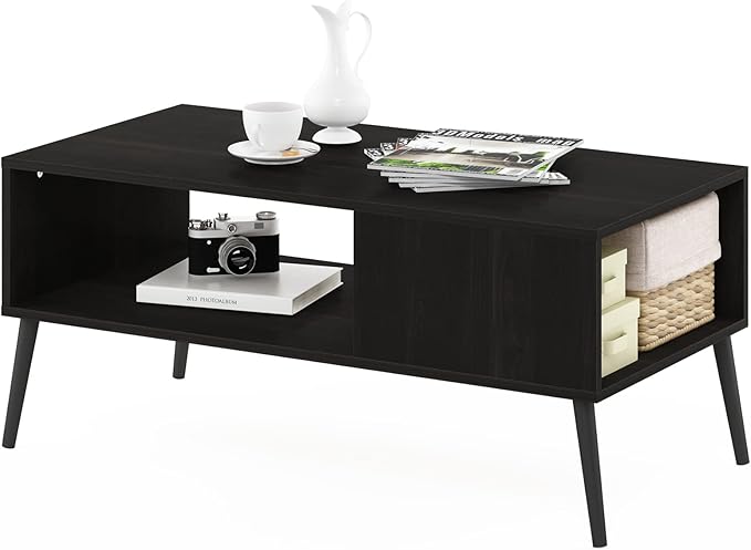 Furinno Claude Mid Century Style Coffee Table with Wood Legs, Espresso Large Non-Lift Top