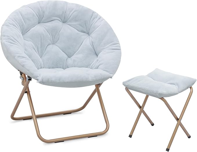 Athena Collection Saucer Chair with Ottoman Comfy Chair for Bed Room Living Room Folding Round Cozy Chair Faux Fur Metal Frame Foldable Lazy Chair Accent Chair Reading Chair, Blue