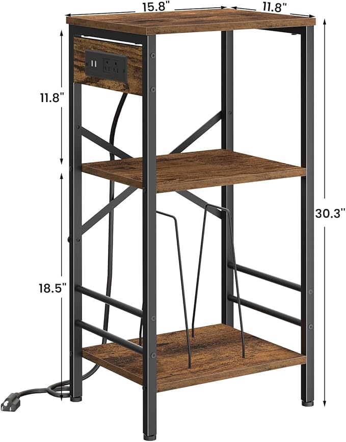 Record Player Stand with Charging Station, 3-Tier Side Table with LED Light, End Table Nightstand for Vinyl Storage, Tall Beside Tables Turntable Stand Living Room, Bedroom, Rustic Brown and Black