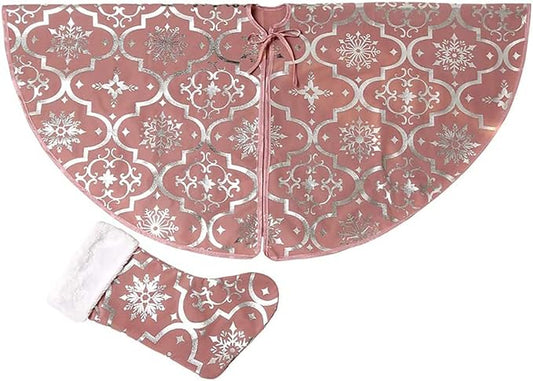 Flash World 48 Inch Large Christmas Tree Skirt Xmas Soft Cover Mat Decor Snowflake Collar Farmhouse Tree Skirt for Holiday Ornaments Party Home Indoor Decorations (Pink, 48INCH)