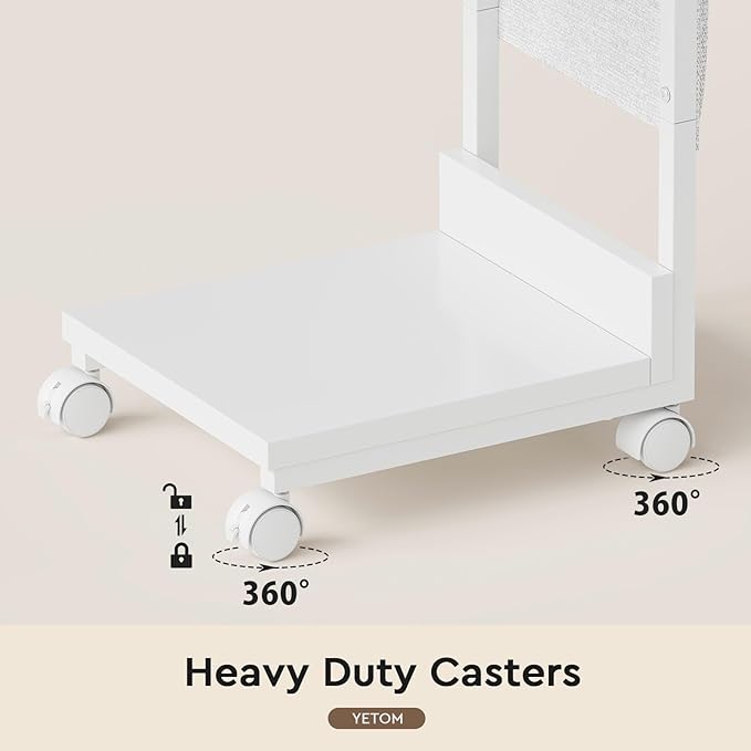 Side Table,C Table with 2-Tier Storage Shelf, End Table with a Storage Bag, Sofa Table with Wheels for Living Room, Bedroom, Office, Bathroom, White