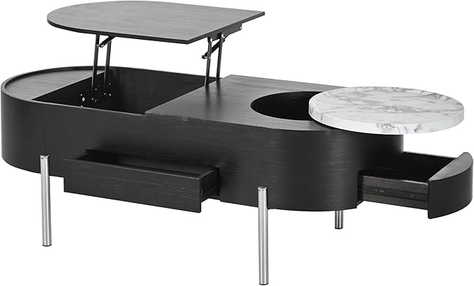 Lift Top Coffee Table with Hidden Compartment, Modern 47.2'' Oval Wooden Center Table Cocktail Tea Table with 360-degree Marble-Patterned Rotating Tray and 3 Drawers for Living Room,Black