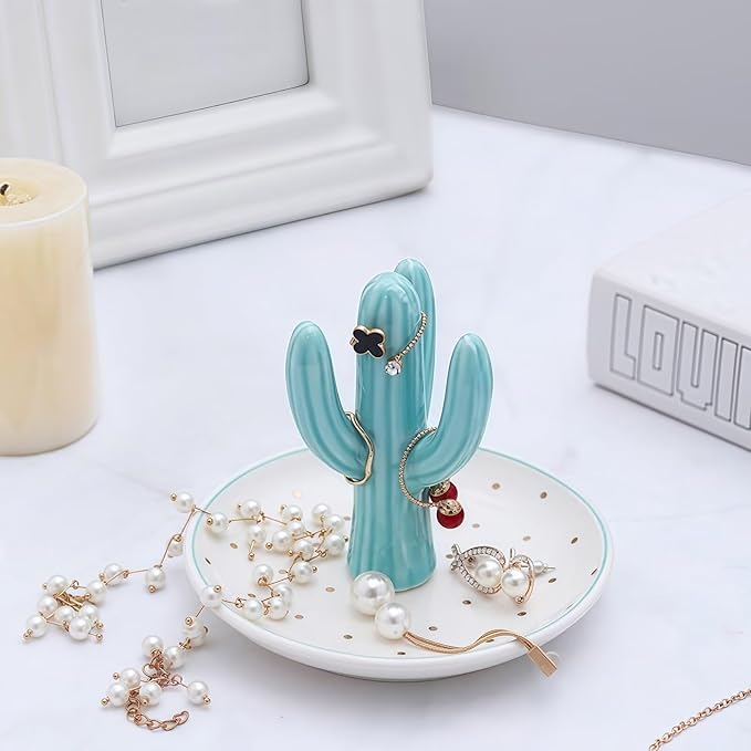 Cactus Ceramic Jewelry Tray, Ring Dish & Trinket Holder - Boho Room & Bathroom Decor for Women, Cute Desk Organizer - Gift for Her, Mom, Sister, Best Friend, Christmas, Birthday