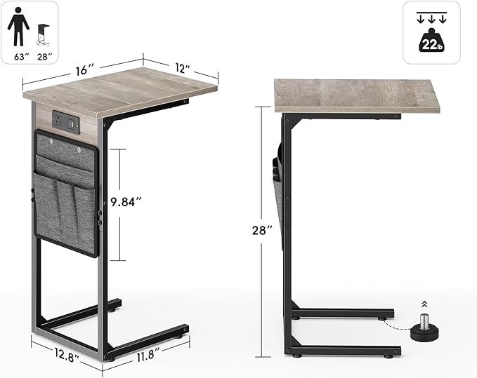 Vagusicc C Shaped End Table with Charging Station, Tall Side Table for Couch, Small Couch Side Table Recliner Tables, Slide Under Sofa Table TV Tray Arm Tables for Living Room, Bedroom, Bedside, Gray