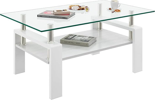Coffee Table for Living Room, Modern Rectangle Tempered Glass Center Table with MDF Storage Shelf, 220lbs Load-Bearing for Small Space, Apartment, Office (Transparent + White + Tempered Glass)
