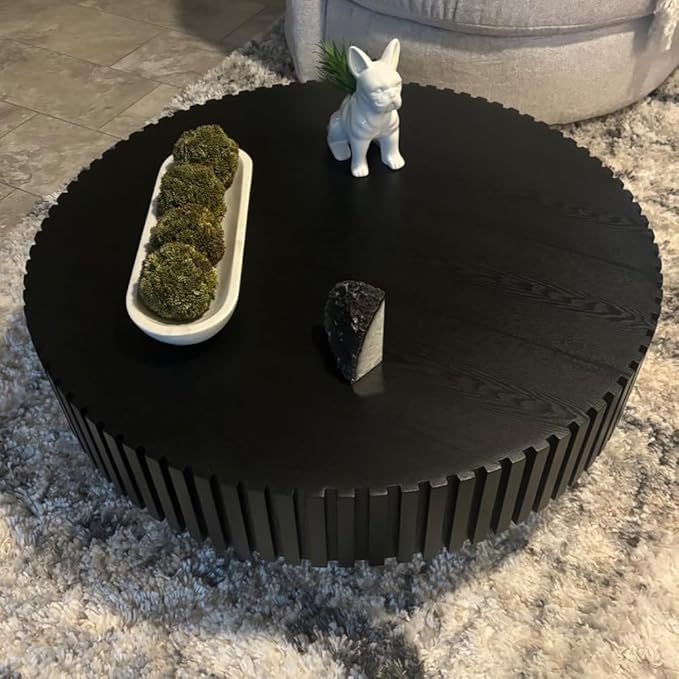 31.49" Black Round Coffee Table for Living Room Modern Wood Fluted Coffee Table with Pedestal Base Circle Accent Table for Apartment Easy Assembly (Watt Black,Round+Ø31.49"x13.97")