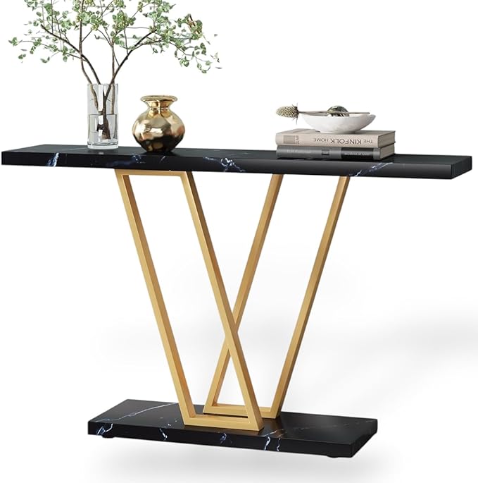 VANOMi Black Faux Marble Entryway Table, Modern Sofa & Console Table Narrow Side Table for Living Room, Entryway, Black