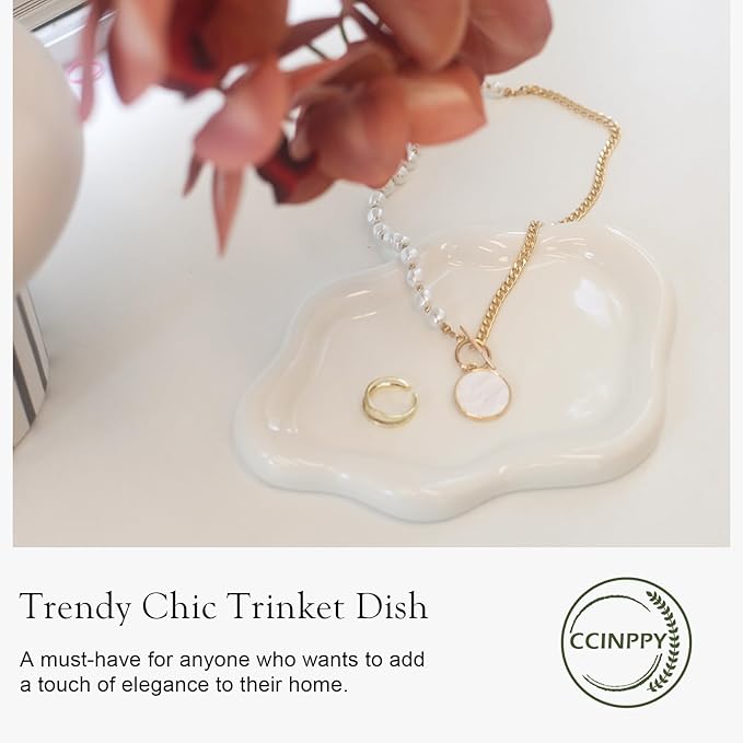 Ceramic Jewelry Tray Trinket Dish, Decorative Cloud Vanity Key Tray for Women, Ring Holder Dish, Cute Jewelry Plate Bowl Room Decor Aesthetic, White, Medium