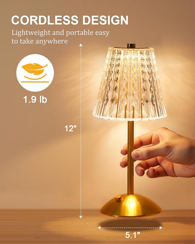 Cordless Touch Table Lamp, 3500mAh LED Rechargeable Small Dask Lamp, 3 Colors Dimmable Battery Operated Crysta Lamp for Bedroom Restaurant Kitchen Home Decor, Gold