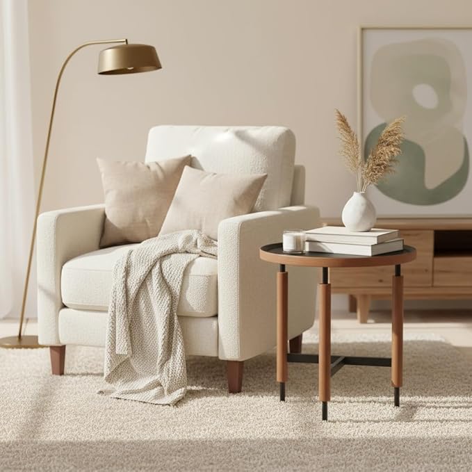 LukeAlon Modern Round Side Table for Living Room - Circle Wooden Table Top with Black Cross Legs Base, Rustic, Vintage, Easy Assembly, Black (19" D x 19" W x 21.5" H)