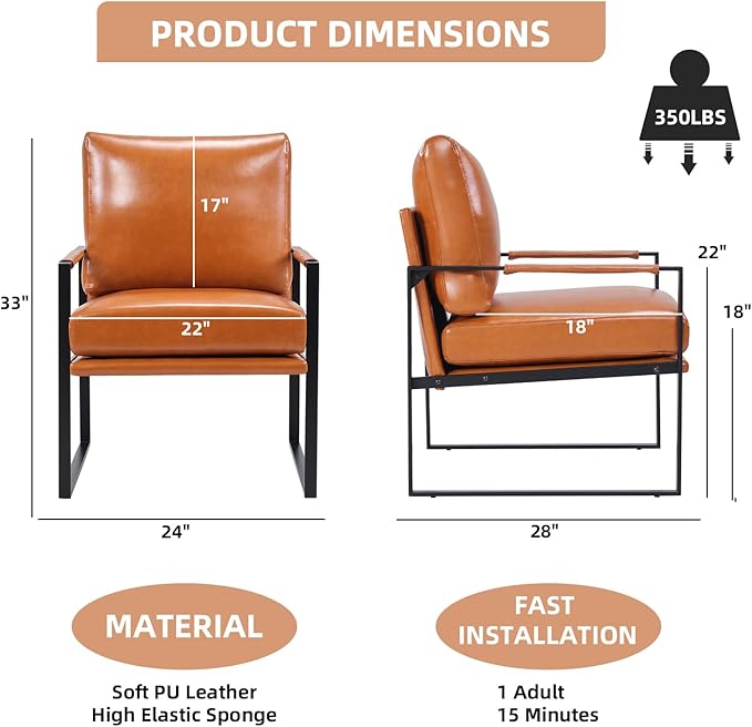 INZOY Mid Century Modern Accent Chair with Removable Cushions Set of 6, Comfy PU Leather Living Room Chairs with Thicker Backrest and Cushion, Metal Frame Design, Brown