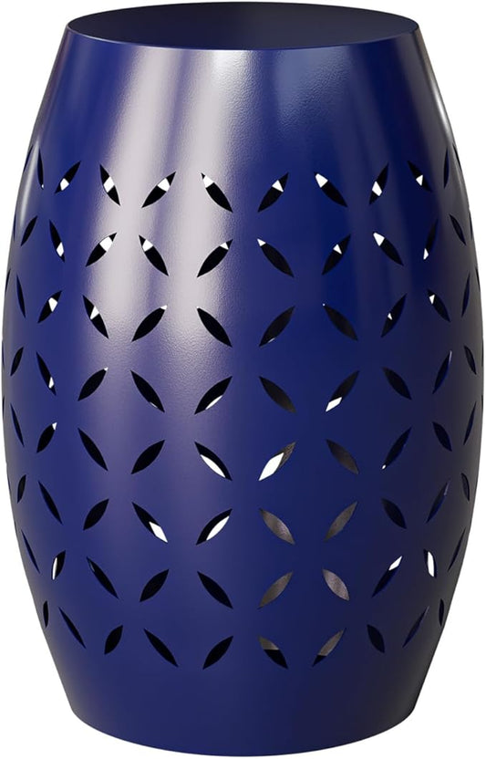 VINGLI Outdoor Iron Side Table, Patio End Table Anti-Rust Metal Round Drum Garden Stool Plant Stand Indoor Iron Accent Table for Patio Deck Porch Living Room (Navy Blue)