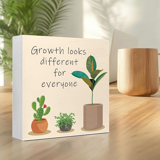 LVQHI Inspirational Wood Block Sign,Growth Looks Different for Everyone Plant Motivational Wooden Block Sign for Home Bedroom Office Desk Table Decor,Inspirational Cheer Up Gift Red